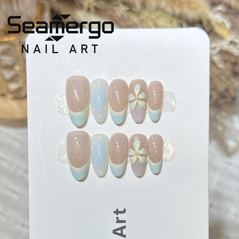 Nail Art Simple - 10PCS Kuku Palsu French Press Biru
