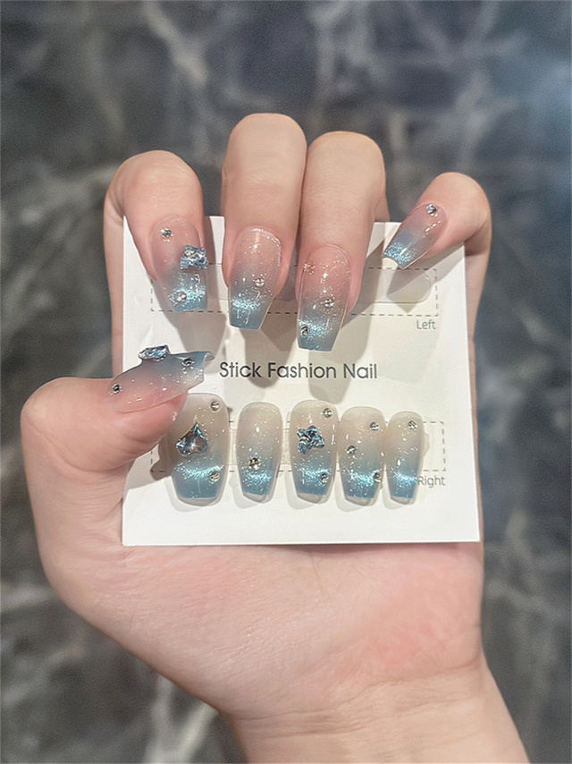 10 buah kuku palsu buatan tang - Nail Art Ice Blue ulasan dan harga